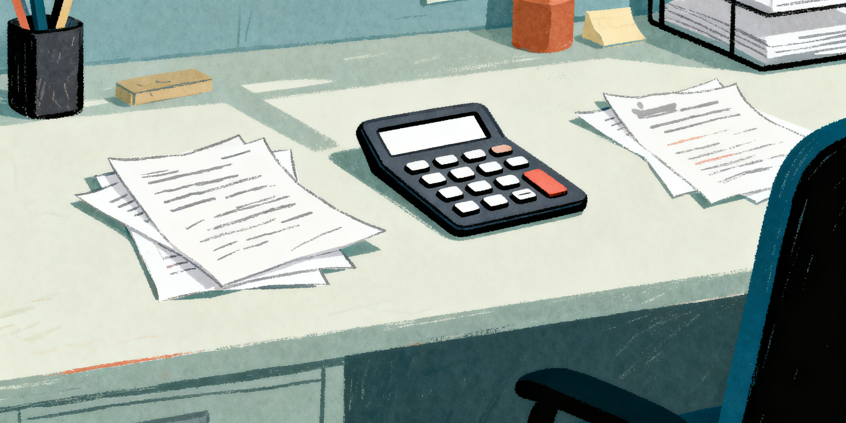 Calculator and bank documents on a desk